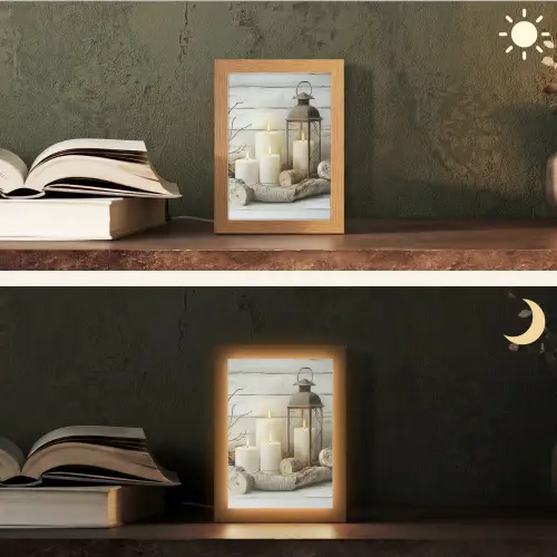 Stilleven - Wit - Kaarsen - Rustiek - Natuur Light Box met kabel (Tafellamp) klein -sfeer3