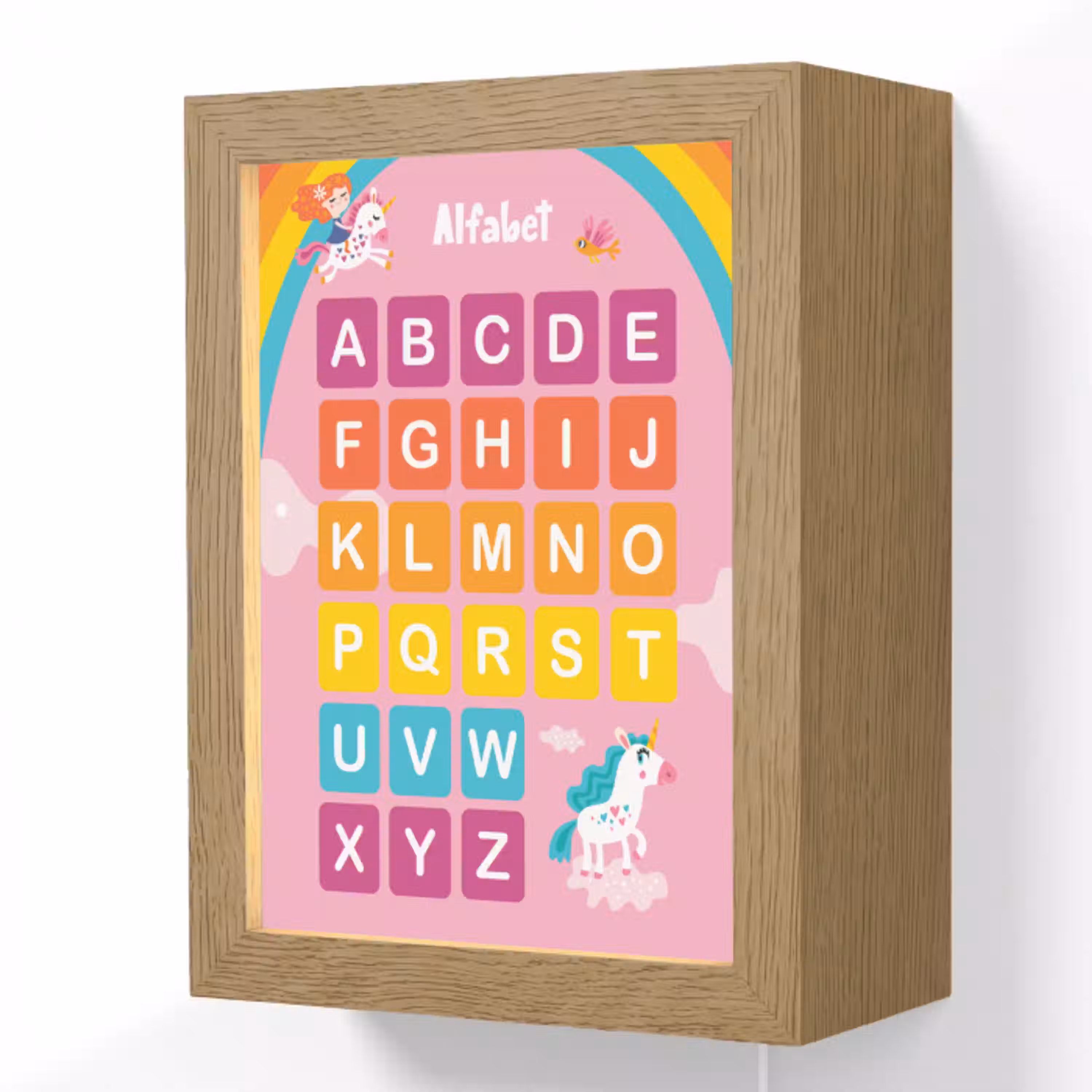 Alfabet - Educatief - Letters leren voor kinderen - Roze - Eenhoorn Light Box met kabel (Wandlamp kind) klein -3d