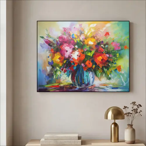 Bloemen - Kleurrijk - Bloempot - Olieverf Textielframe zwart klein -sfeer2