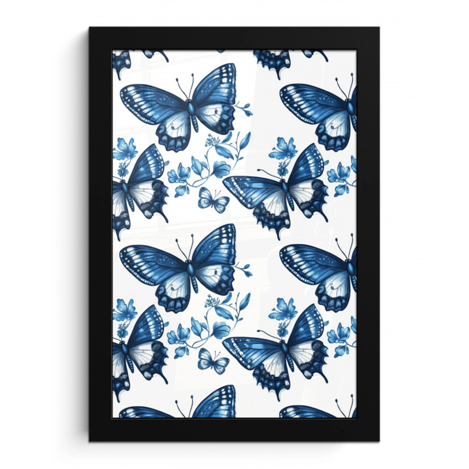 Blauw - Vlinders - Bloemen - Wit fotolijst zwart zonder passe partout klein 224 -3d