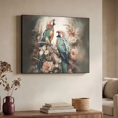Papegaaien - Vogels - Natuur - Bloemen Textielframe zwart klein -sfeer3