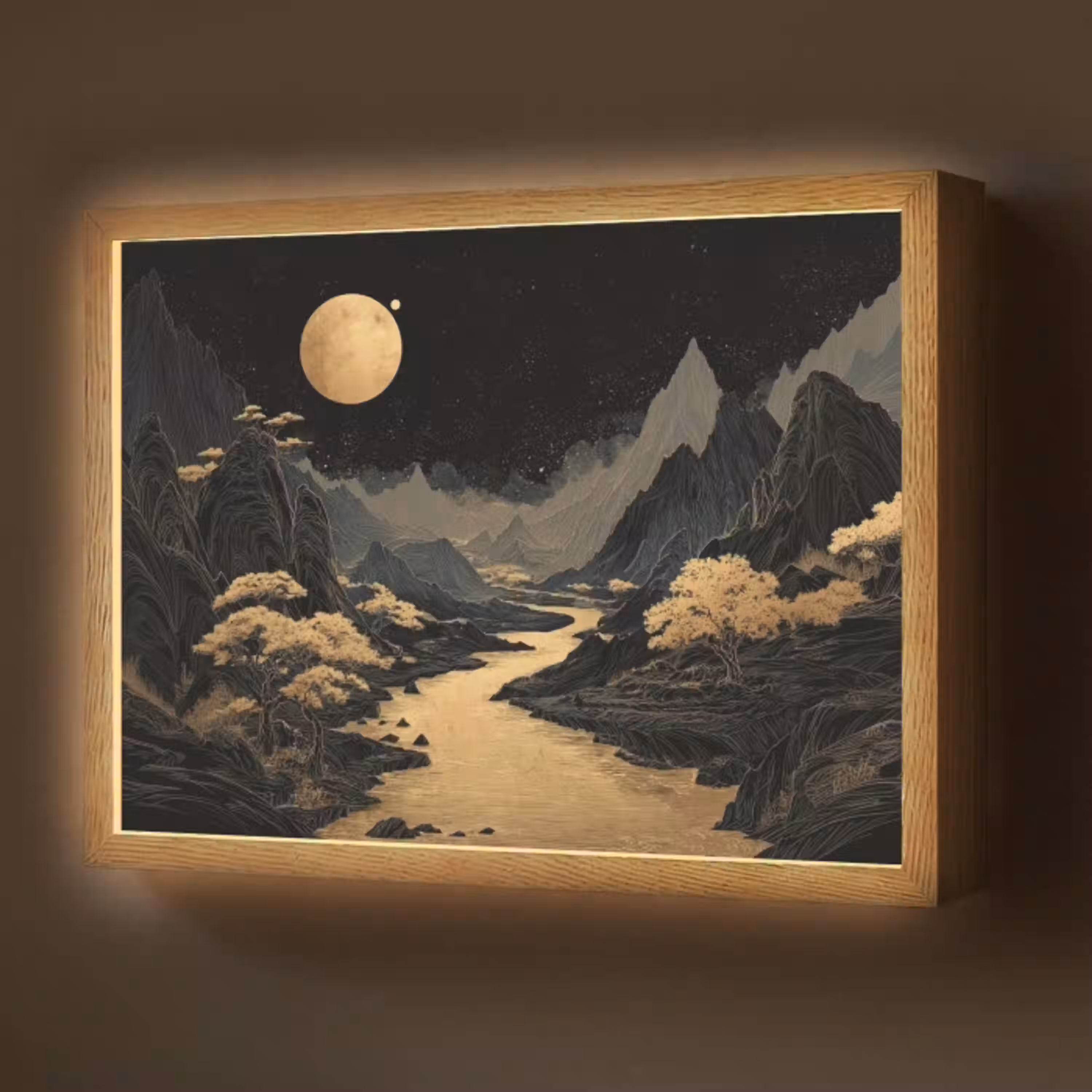 Gouden rivier - Bergen - Maan - Sterrenhemel Light Box met batterij (Wandlamp) middel -z3d_website