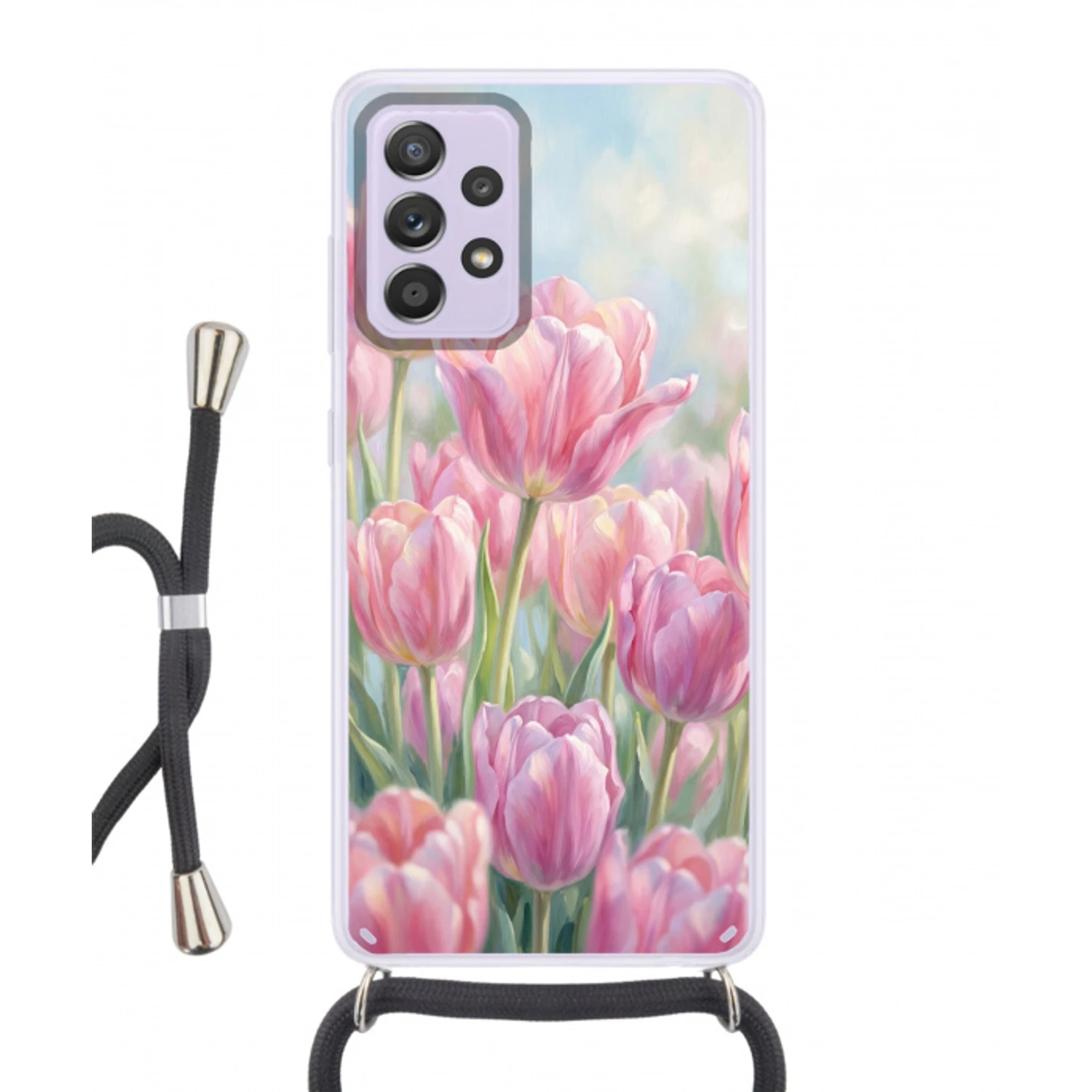 Tulpen - Veld - Lente - Roze Hoesje Samsung Galaxy A52 5G met koord klein -3d