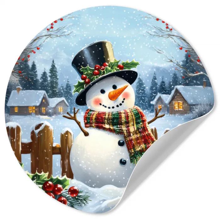 Sneeuwpop - Winterdorp - Kleurrijk Wandcirkel behangsticker klein -3d