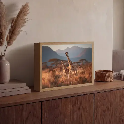 Giraffen - Hoog gras - Acaciabomen Light Box met batterij (Wandlamp) middel -sfeer2
