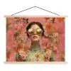 Vrouw - Bril - Roze - Bloemen textielposter latten blank klein -3d