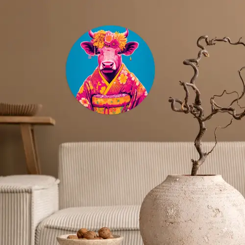 Koe - Bloemenkrans - Oorhangers - Kimono Wandcirkel behangsticker klein -sfeer1