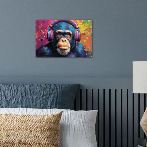 Graffiti - Chimpanzee - Street art - Koptelefoon - Aap poster papier klein -sfeer2