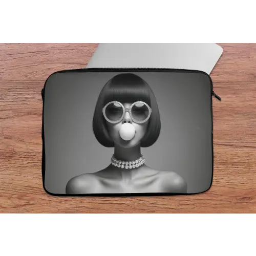 Vrouw - Zwart Wit - Ketting - Zonnebril laptophoes neopreen klein -tafel
