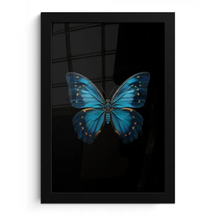 Vlinder - Blauw - Contrast fotolijst zwart zonder passe partout klein -3d