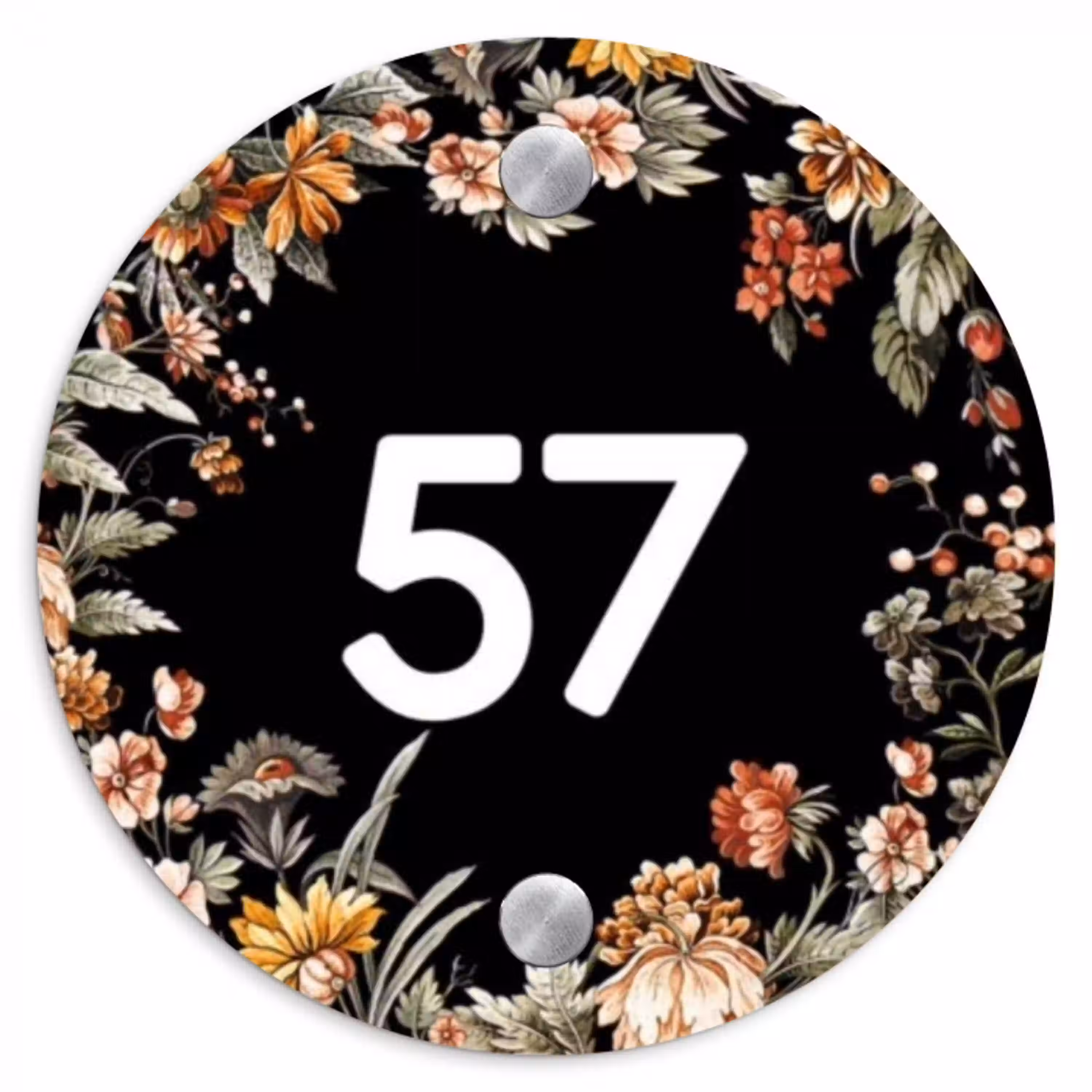 Bloemen - Zwart - Traditioneel Naambord Rond klein -3d