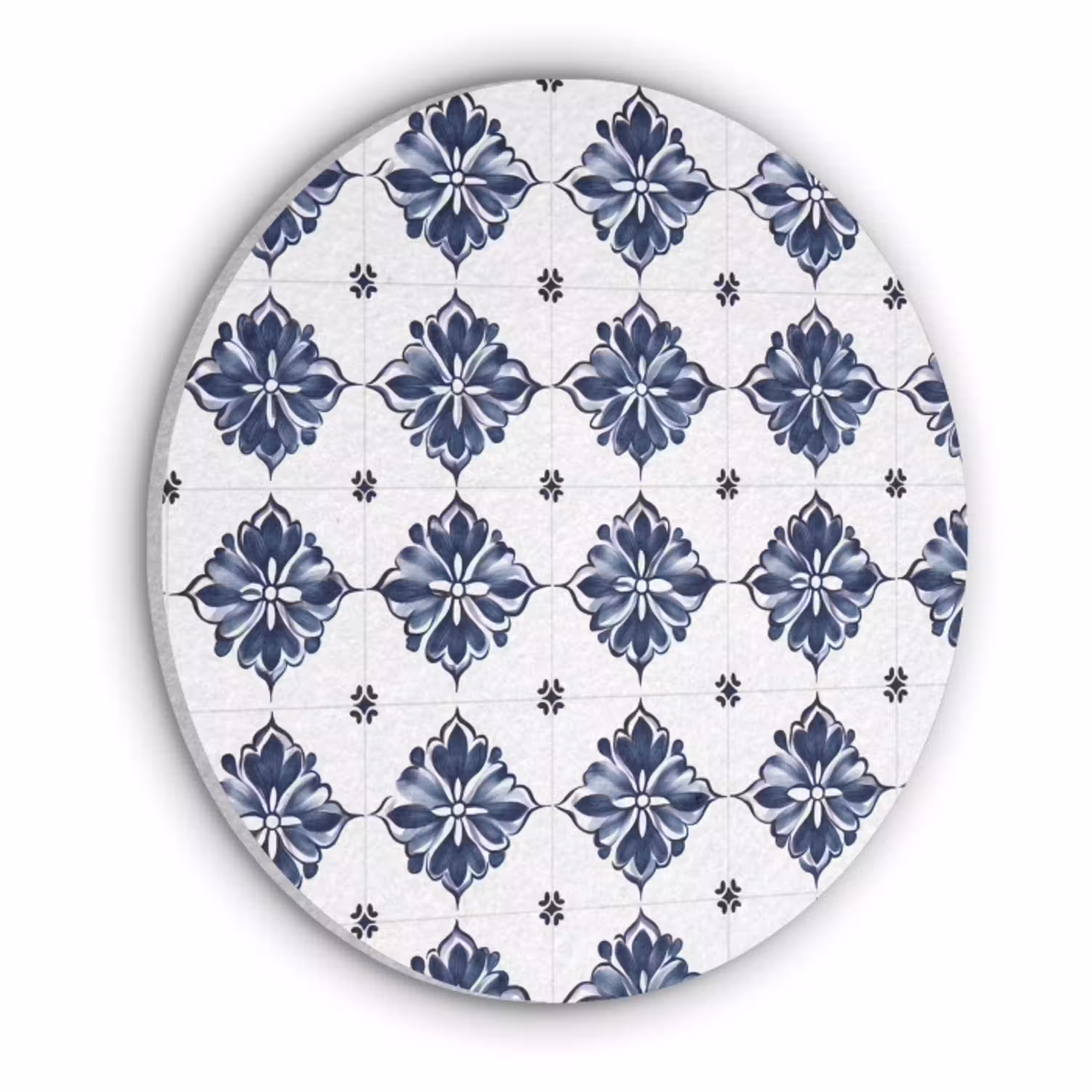 Tegelmotief - Blauw - Wit - Bloem Akoestische PET Vilt - Rond klein 838 -3d