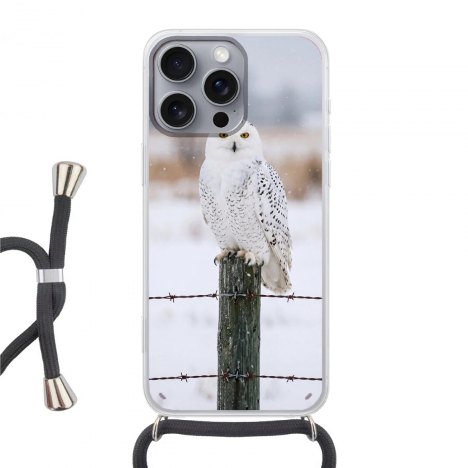 Sneeuwuil - Hek - Sneeuw - Wit Hoesje iPhone 16 Pro Max met koord klein -3d