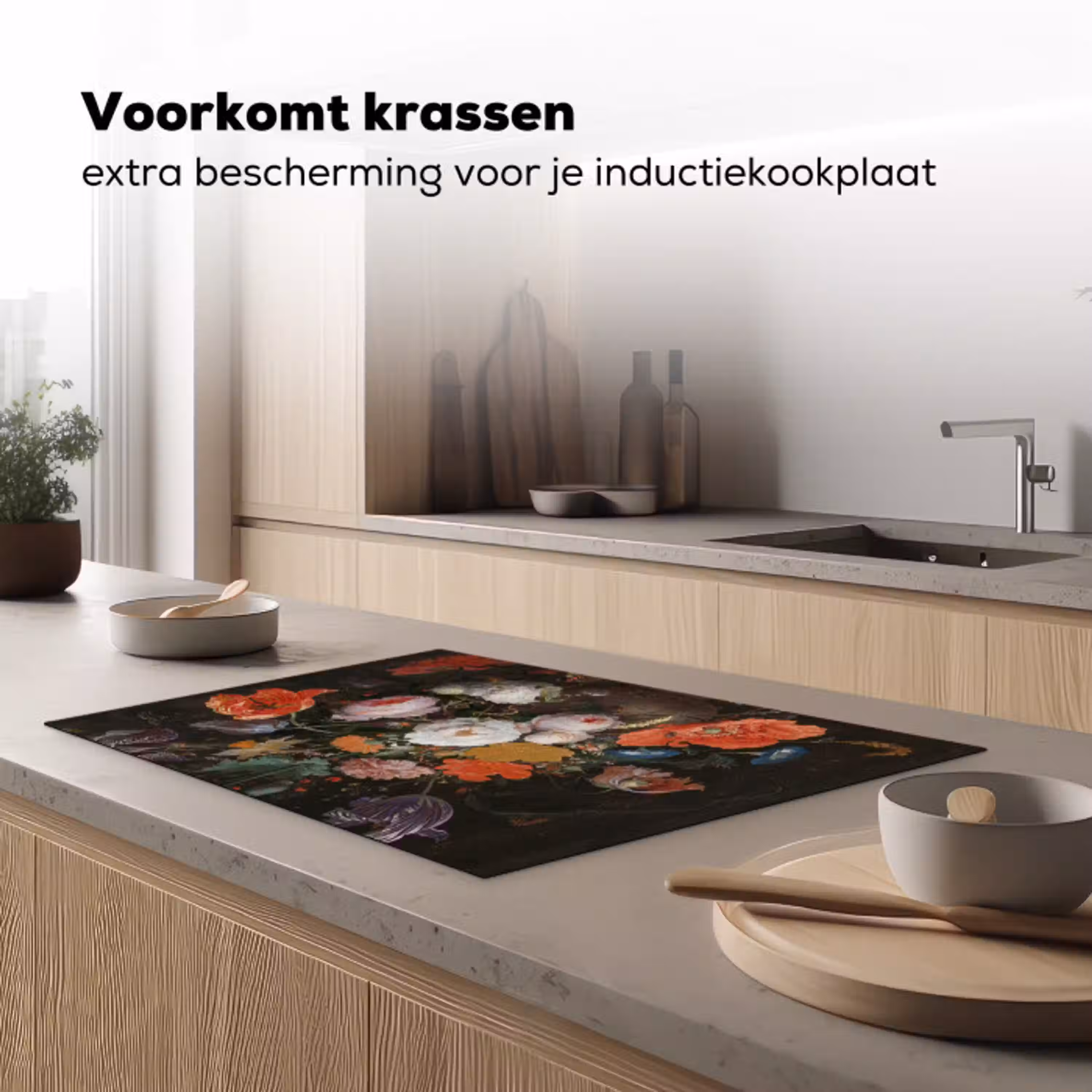 Stilleven met bloemen en een horloge - Schilderij van Abraham Mignon Inductie beschermer vinyl 3mm klein -sfeer1