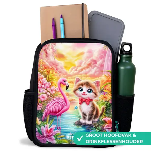 Kitten met flamingo in tropisch bloemenparadijs Rugzak - Zwart middel -inhoud_NL