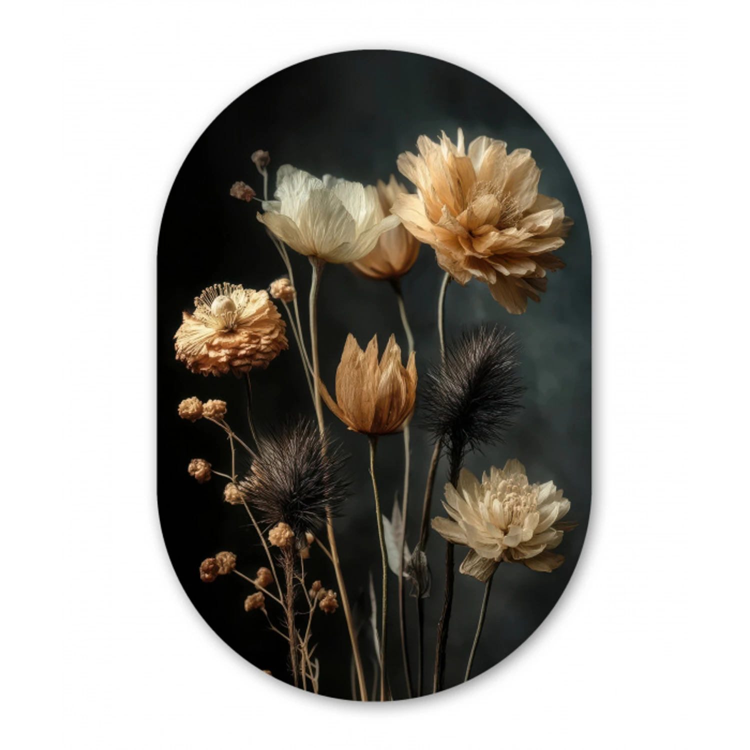 Boeket - Bloemen - Licht - Zwart Wandcirkel Ovaal Forex klein -3d