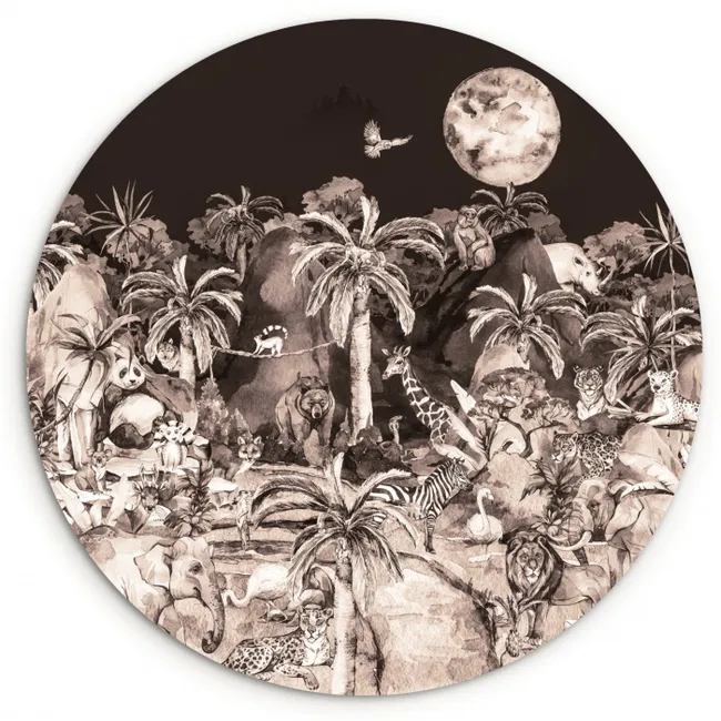 Jungle - Dieren - Kinderen - Bomen - Planten Wandcirkel kunststof plaat 5mm dik klein -3d