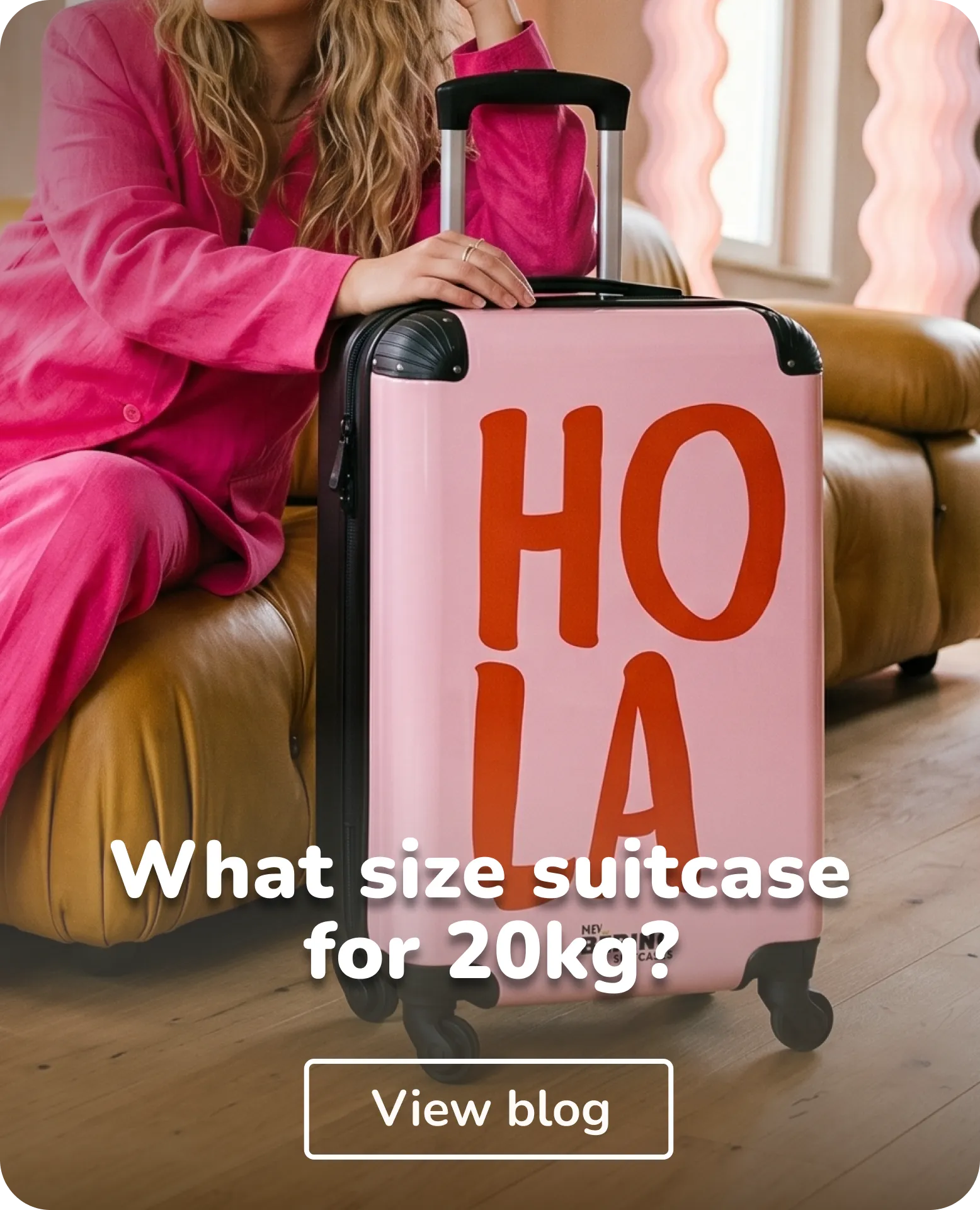 woman with ''hola'' suitcase