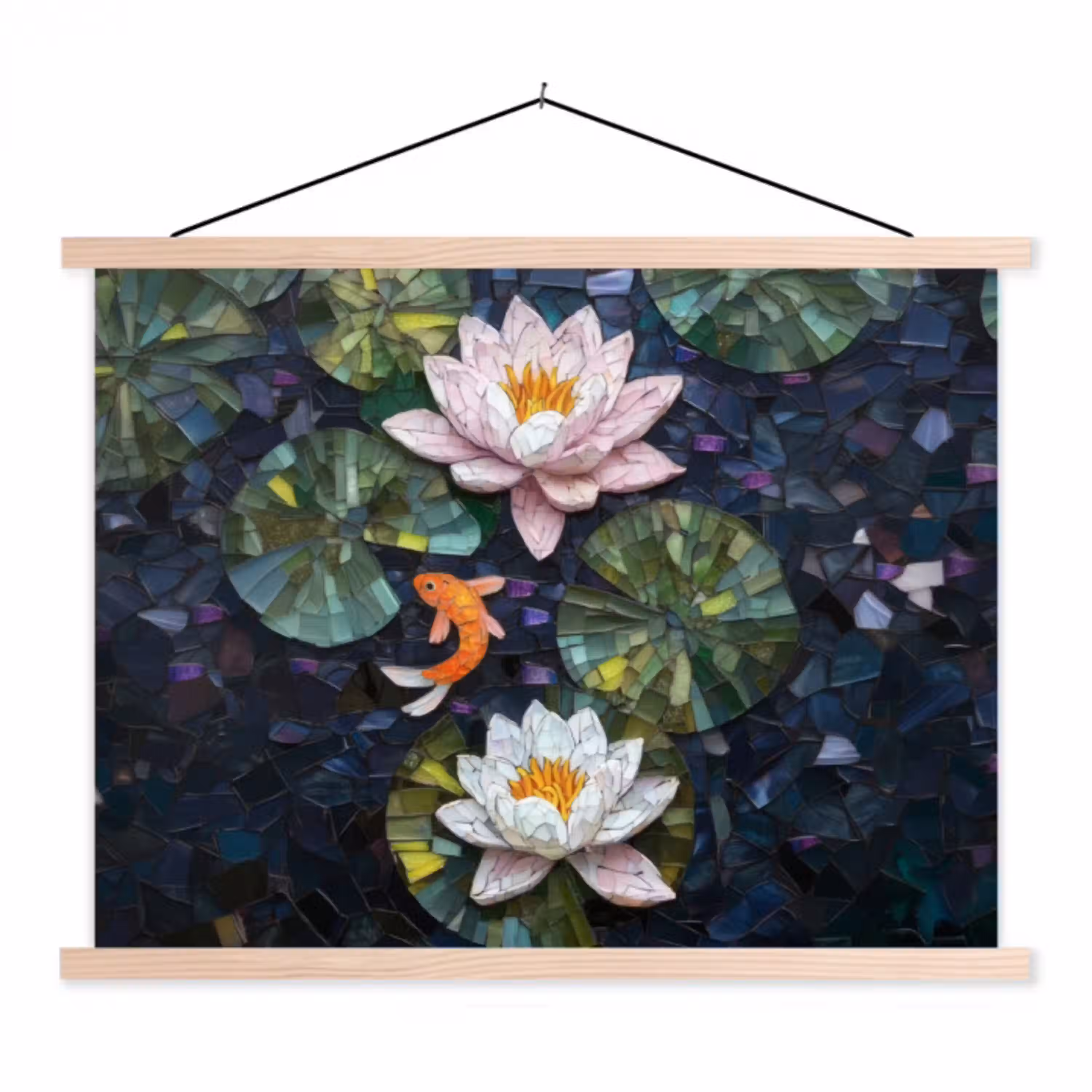 Glasstukjes - Leliebladeren - Vis - Oranje textielposter latten blank klein -3d