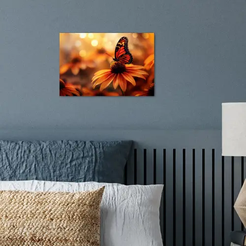 Vlinder - Bloemen - Oranje poster papier klein -sfeer2