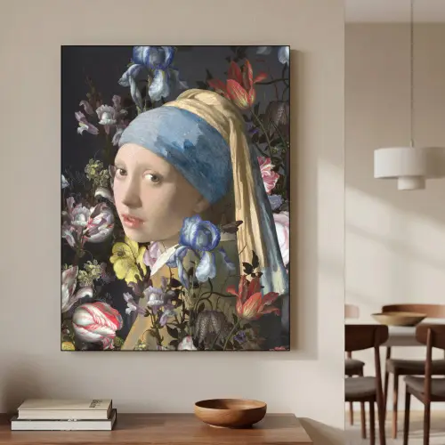 Meisje met de parel - Johannes Vermeer - Bloemen Textielframe - compleet frame klein -sfeer2
