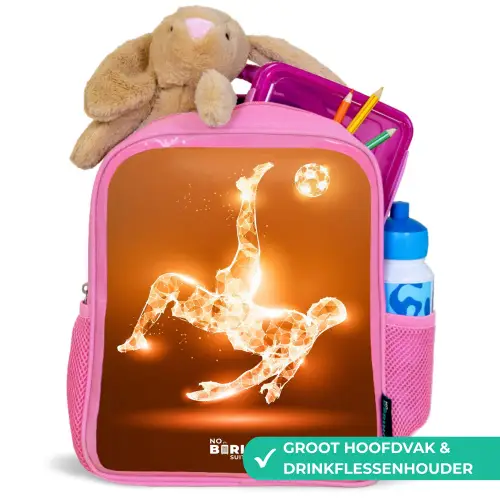 Oranje lichtvoetballer in zweefmoment Kinderrugzak - Roze middel -inhoud_NL