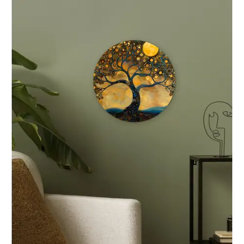 Boom - Maan - Bloemen - Goud - Kunst Wandcirkel kunststof plaat 5mm dik klein -sfeer3