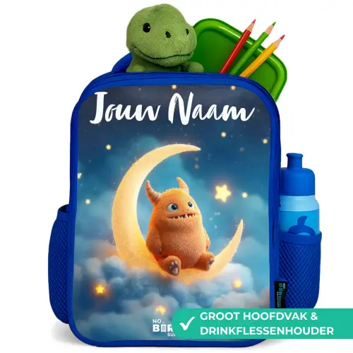 Oranje monster op maansikkel Kinderrugzak - Blauw middel -inhoud_NL