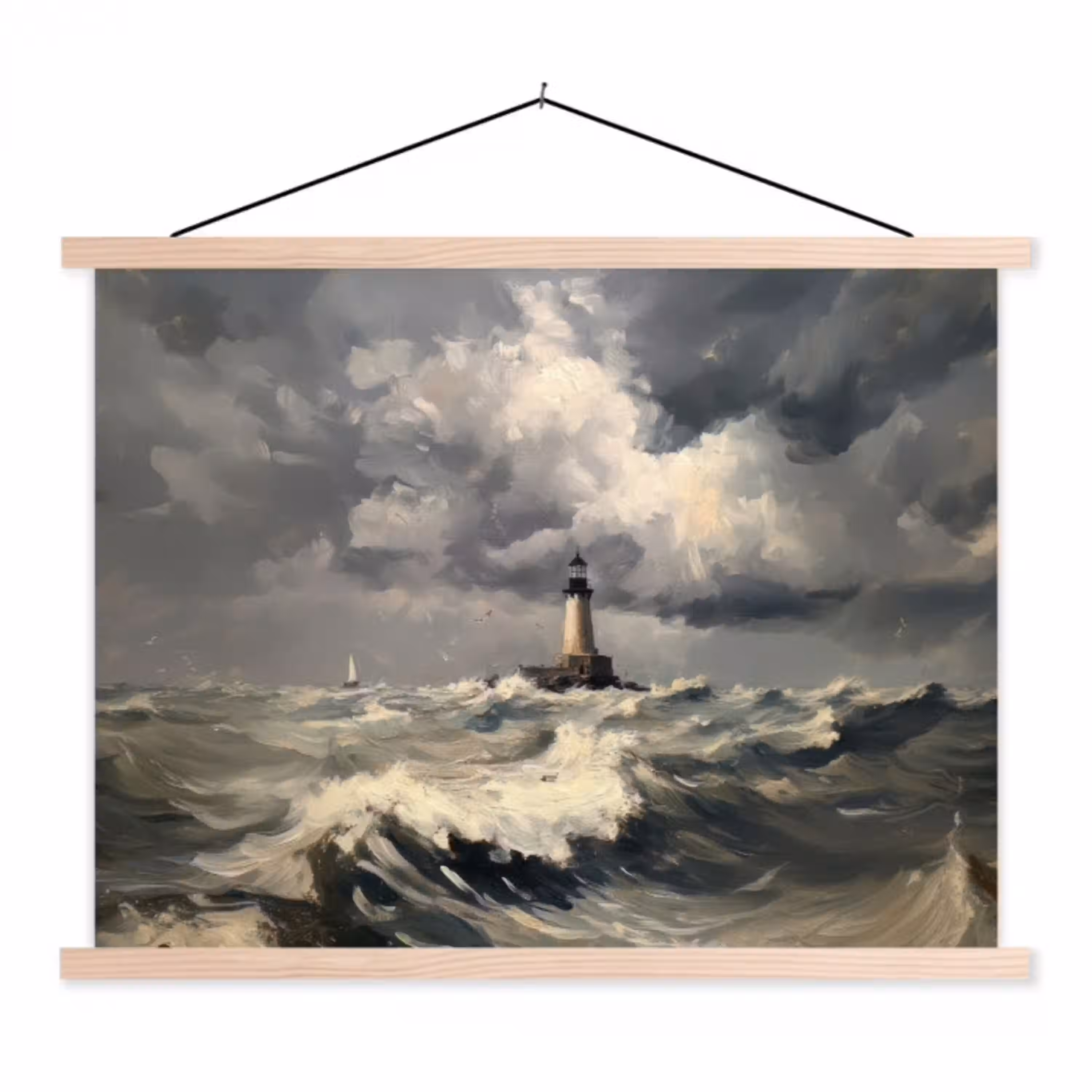 Vuurtoren - Golven - Storm textielposter latten blank klein -3d
