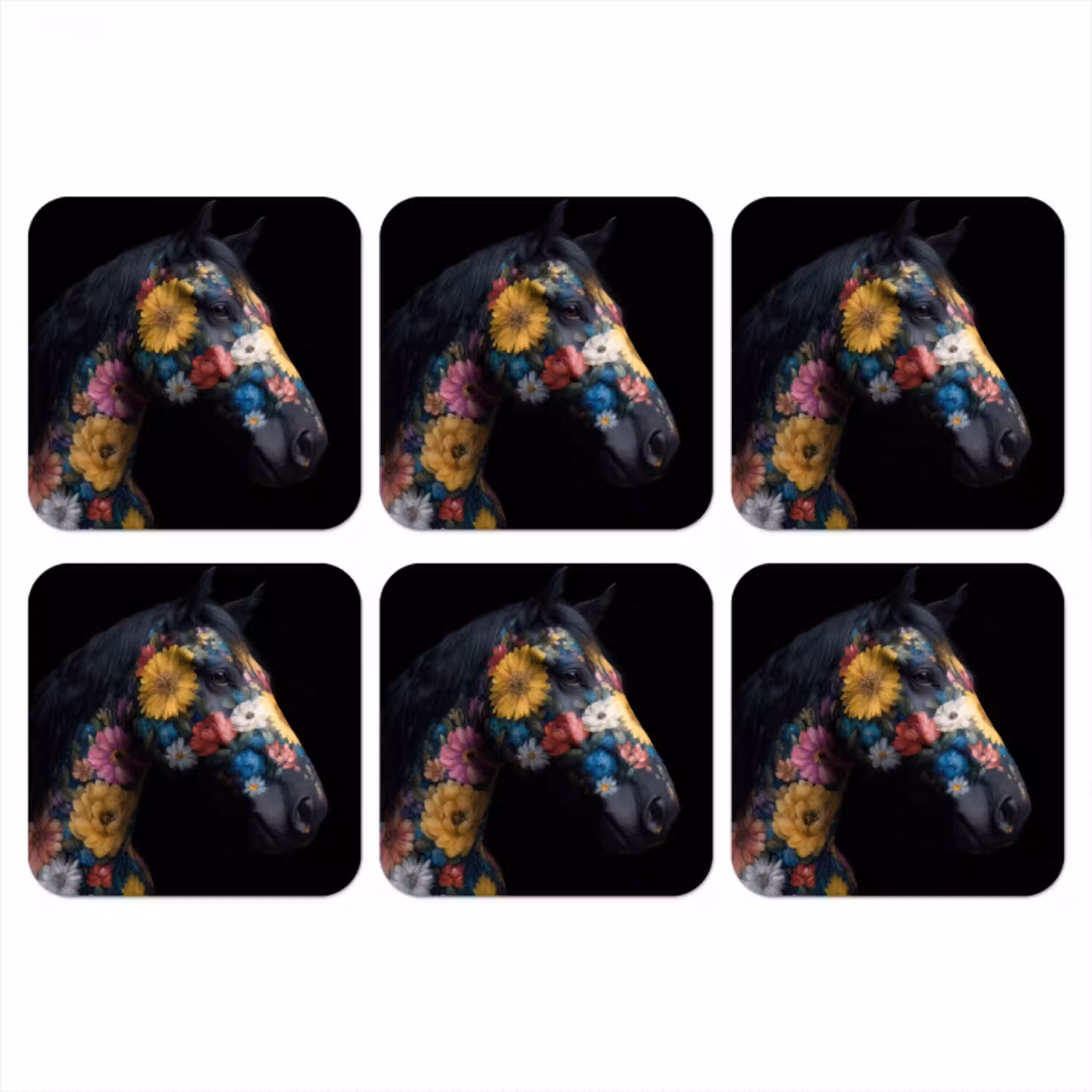 Paard - Bloemen - Zwart onderzetter kurk middel -3d