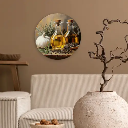 Stilleven - Olijfolie - Knoflook - Kruiden Wandcirkel kunststof plaat 5mm dik klein -sfeer1