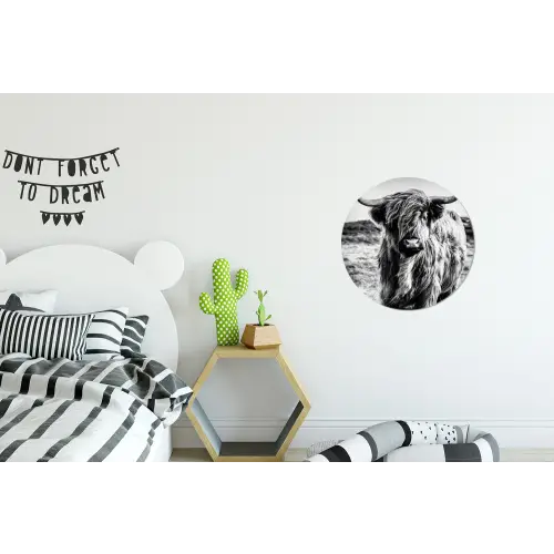 Schotse hooglander - Natuur - Koe - Zwart - Wit Wandcirkel aluminium klein -kinderkamer