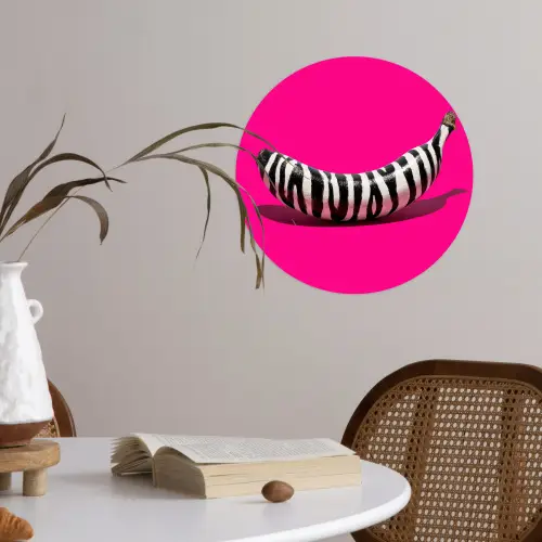 Banaan - Zebraprint - Roze Wandcirkel behangsticker klein -sfeer3