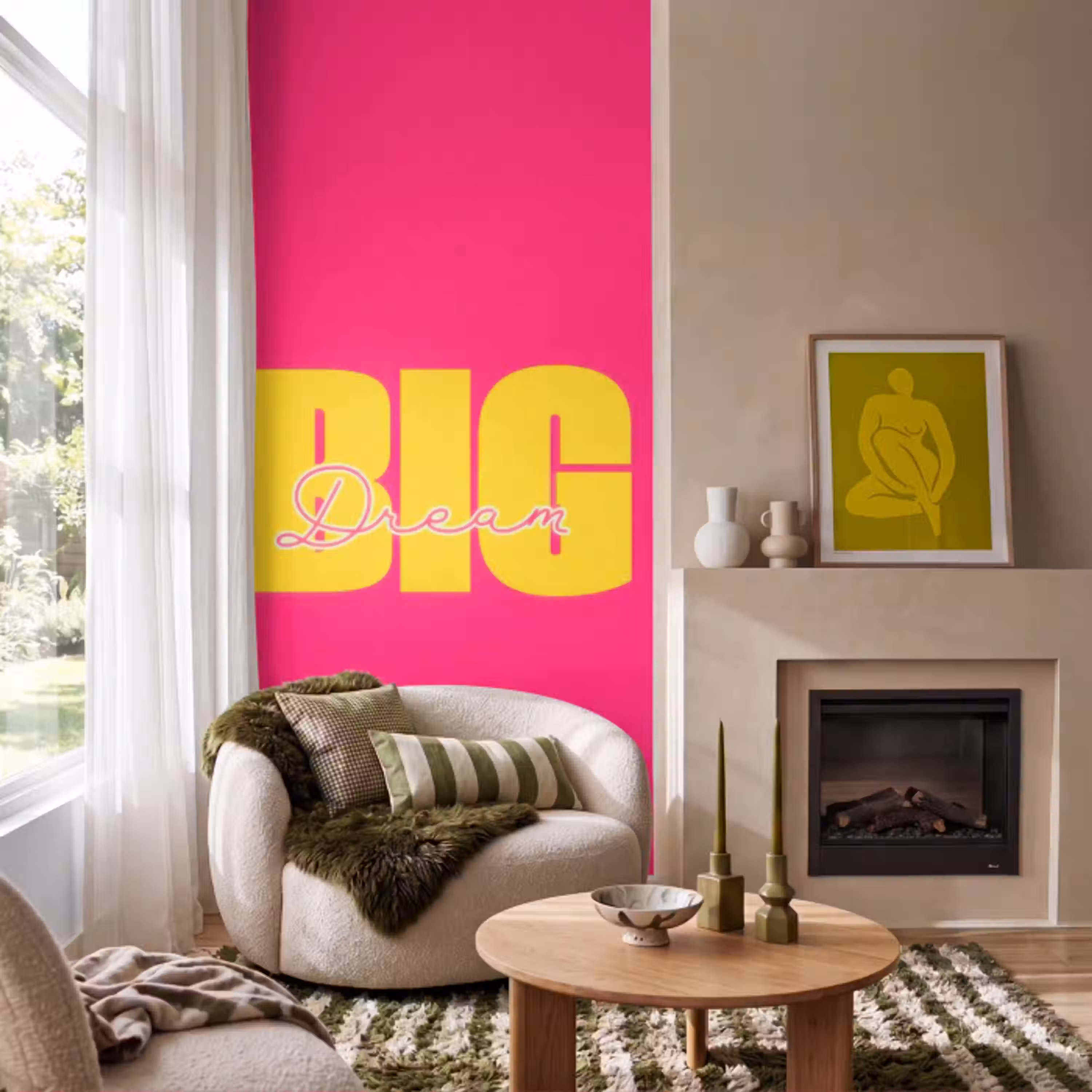 Dream big - Roze - Geel - Minimalistisch Behang Vlies klein -sfeer2