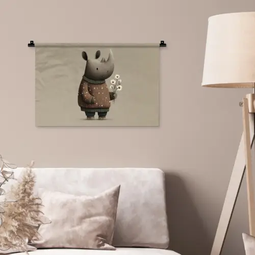 Neushoorn - Witte bloemen - Lief Wandkleed katoen klein -sfeer4