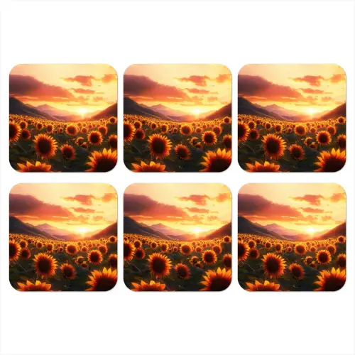 Zonnebloemen - Zonsondergang - Landschap onderzetter kurk middel -3d