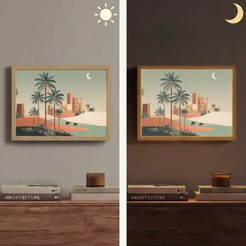 Nachtlandschap - Kamelen - Sterren - zandduinden Light Box met batterij (Wandlamp) middel -sfeer3
