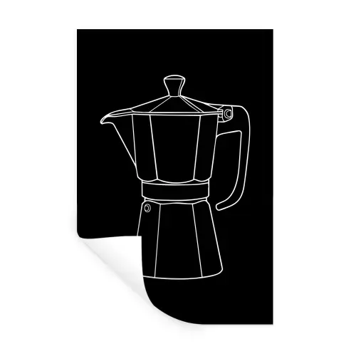 Mokkapot - Zwart - Wit - Lijntekening Muursticker klein -3d