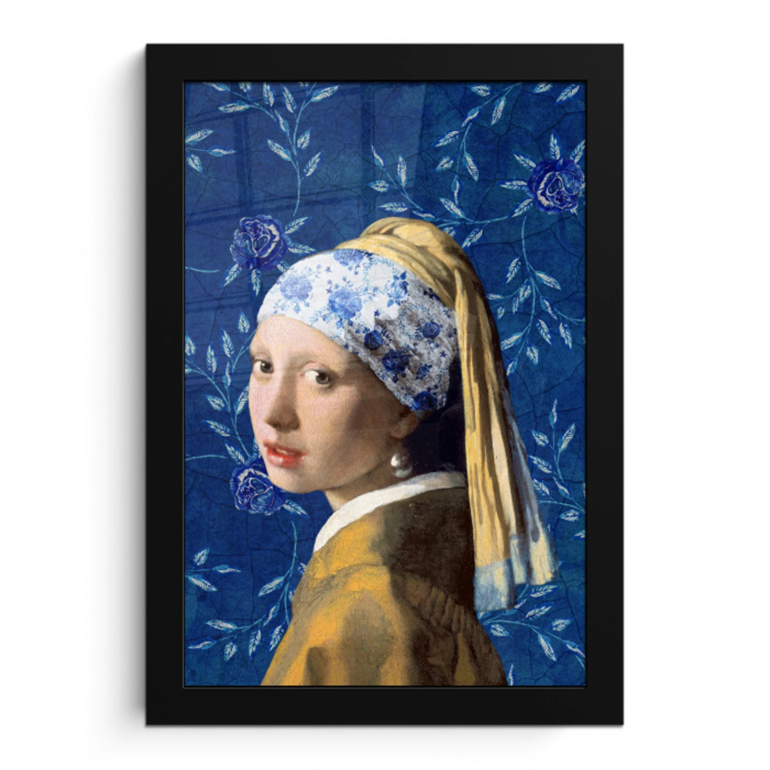 Meisje met de parel - Delfts blauw - Vermeer - Bloemen - Schilderij - Oude meesters fotolijst zwart zonder passe partout klein -3d