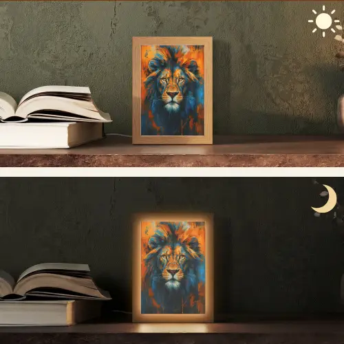 Schilderij - Leeuwenkop - Oranje Light Box met kabel (Tafellamp) klein -sfeer3