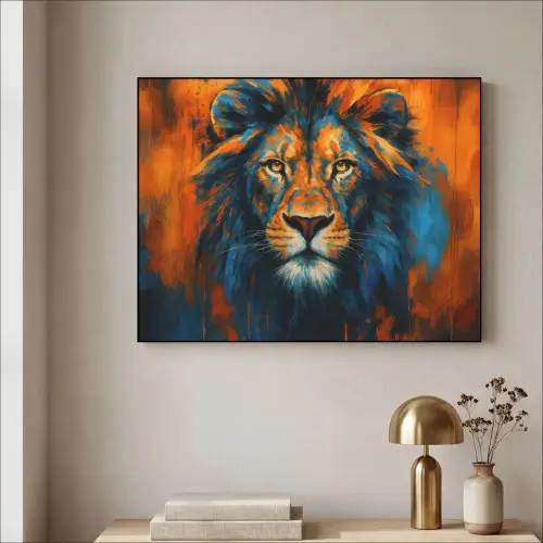 Schilderij - Leeuwenkop - Oranje Textielframe zwart klein -sfeer2