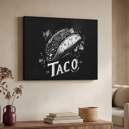 Taco - Kruiden - Witte krijtstijl - Tekst Textielframe zwart klein -sfeer3