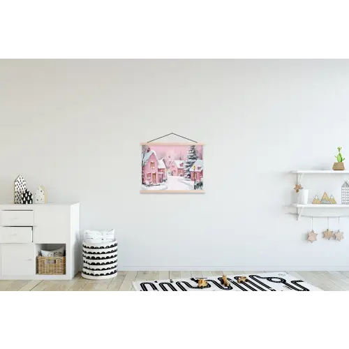 Kerstdorp - Roze - Winter - Sneeuw - Huizen textielposter latten blank klein -kinderkamer