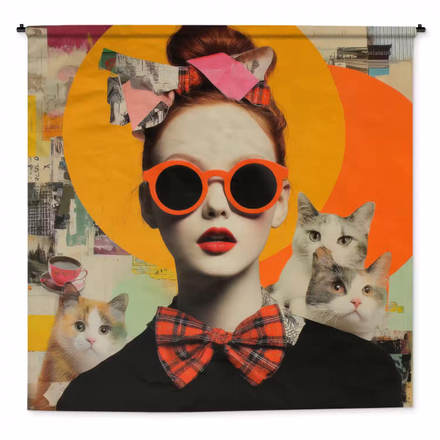 Wandteppich - Frau - Brille - Fliege - Retro