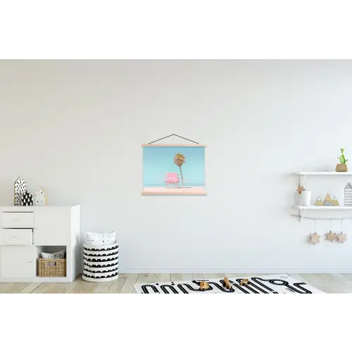 Palmboom - Strandhuis - Roze textielposter latten blank klein -kinderkamer
