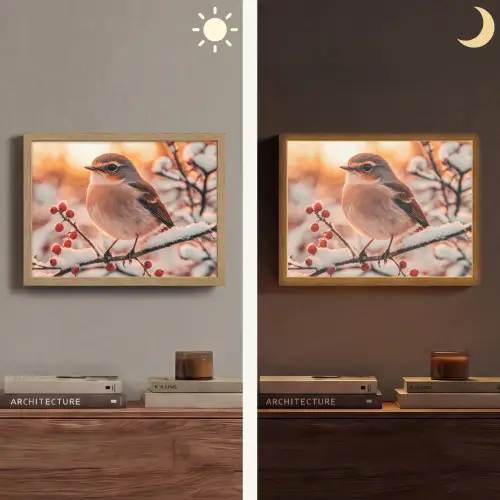 Vogel - Tak - Winter - Dieren - Sneeuw Light Box met batterij (Wandlamp) middel -sfeer3