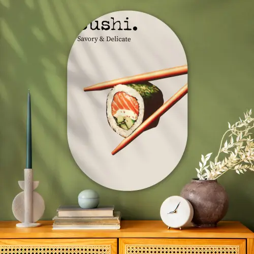 Sushi - Zalm - Rijst - Japans Wandcirkel Ovaal Glas middel -sfeer2