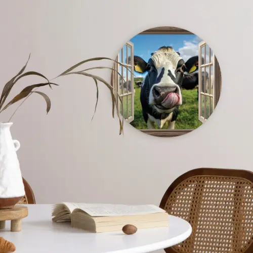 Doorkijk - Koe - Weiland - Dieren - Natuur Wandcirkel kunststof plaat 5mm dik klein -sfeer4