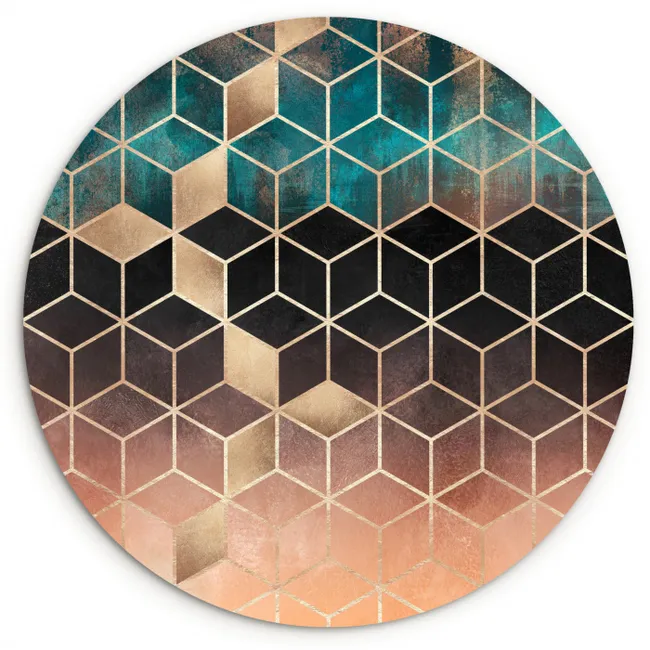 Abstract - Kubus - Goud - Patronen - Luxe Wandcirkel kunststof plaat 5mm dik klein -3d