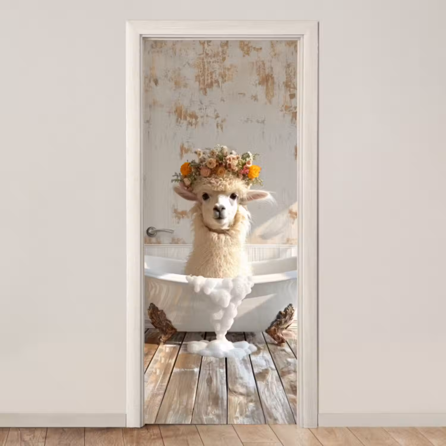 Deursticker - Vintage - Alpaca - Badkuip - Bloemen - Dieren